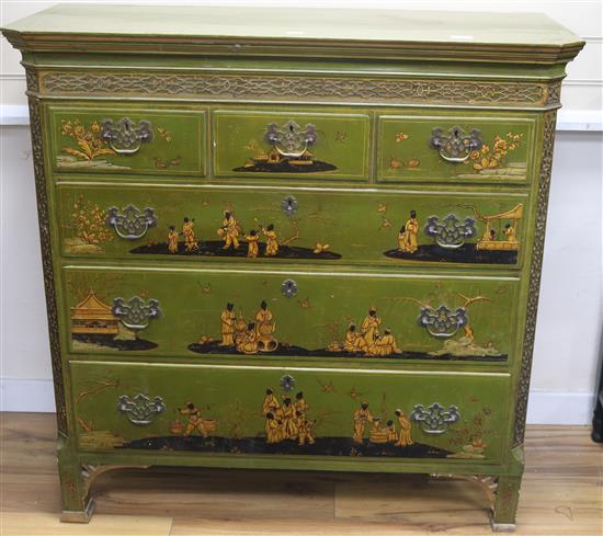 A Georgian style green japanned chest, W.110cm